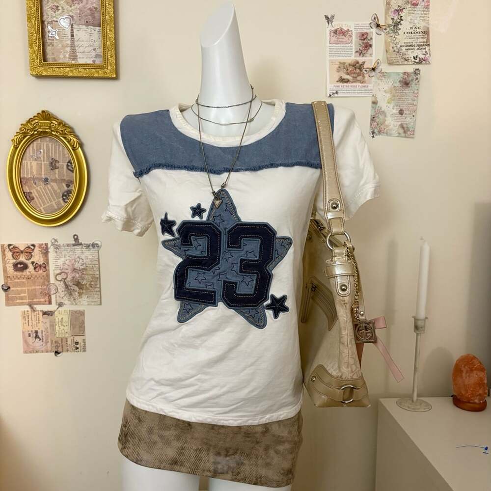 E-Land Star Number 23 Graphic T-Shirt Size 170/92A White Denim Y2K